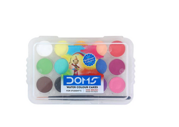 Doms Non-Toxic 15mm Water Colour Cake Set With Paint Brush And Plastic Case| pack of 10 color cakes